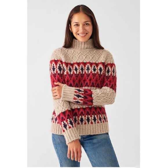 Faherty Women’s Frosted Fairisle Turtleneck Wool Alpace Blend Sweater Tan Purple - Picture 1 of 10